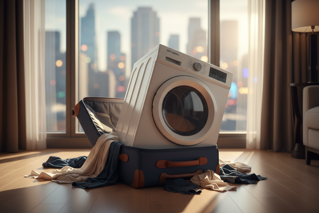 Ultra-realistic photorealistic commercial scene in a luxury hotel room, minimal and out-of-focus background, floor-to-ceiling window with a vibrant city skyline softly blurred. Extreme foreground dominance: a massive full-sized clothes dryer fills most of the frame, absurdly oversized compared to its surroundings. A very small carry-on suitcase is split open and barely contains the dryer, the dryer visibly bulging out, clearly far too large to fit. The suitcase looks strained and tiny by comparison. Clothes